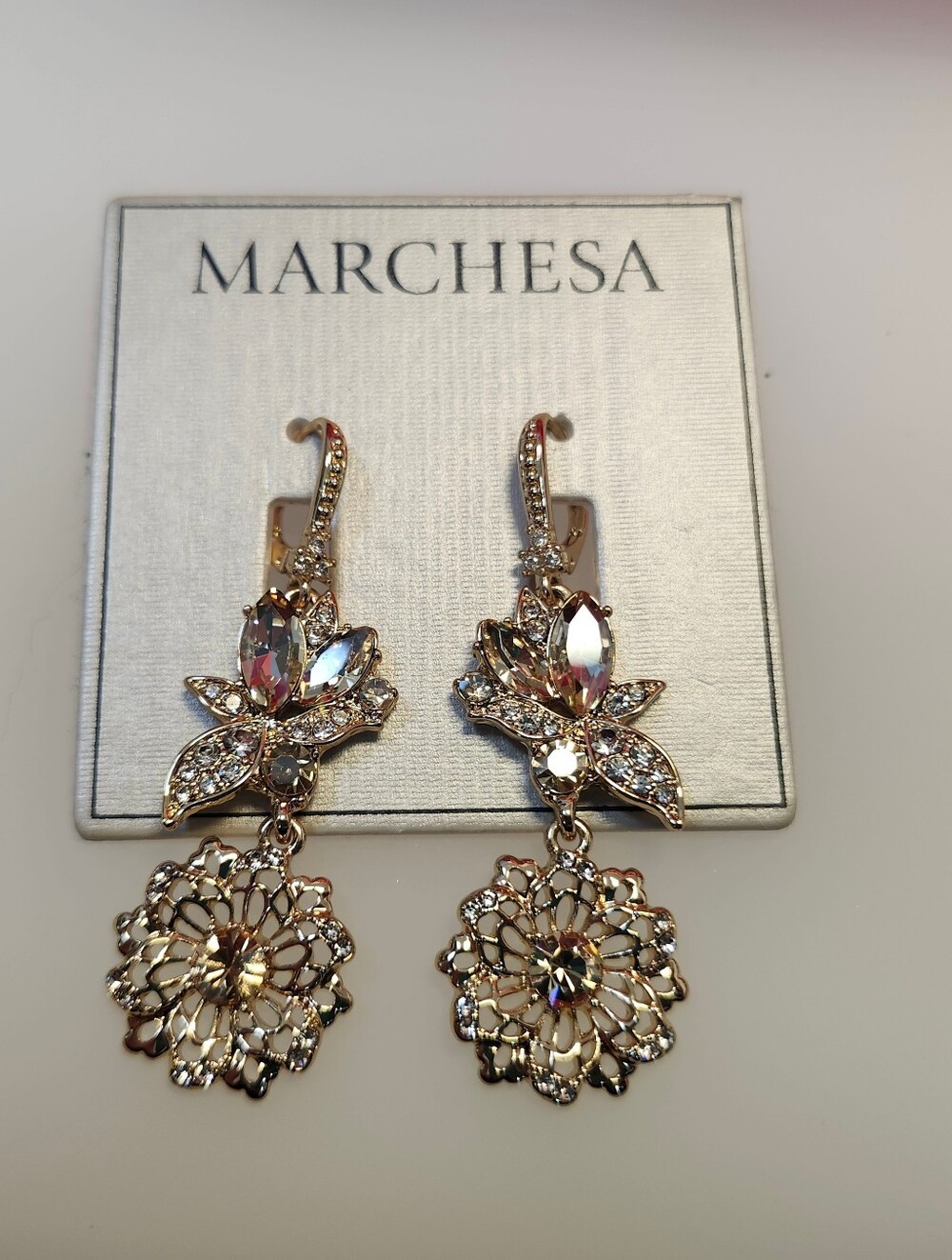 NWT Marchesa Gold-tone Crystal Flower Drop Earrings